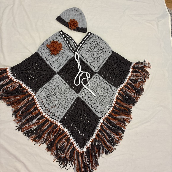 The Unbranded Brand Accessories - Handmade Boho Poncho Shawl  & Hat Fringe Gray Orange One Size Fits Most‎ Fall